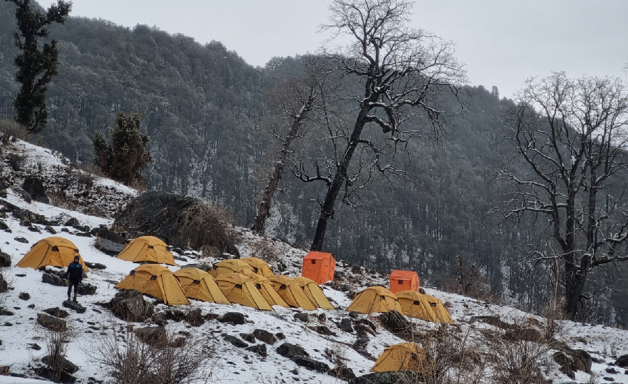 First glimpse of our snowy Guling campsite