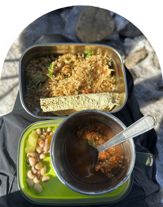 cozy lunch break at the snowy campsite
