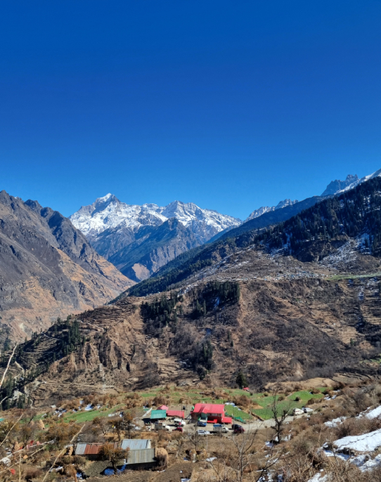 The breathtaking top view of the village nestled in the mountains