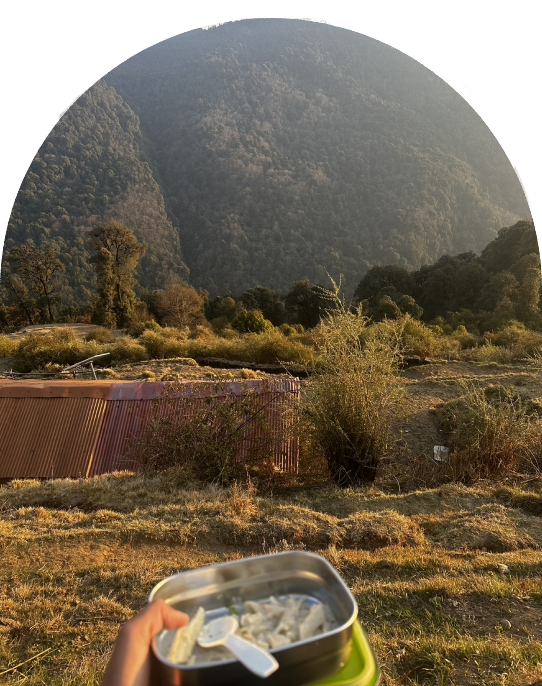Bowl of Pasta with a Mountain Backdrop