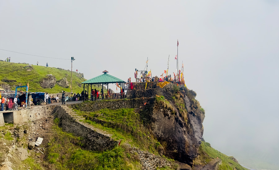 Baba Bhairavnath Temple overlooking Kedarnath Valley—guardian deity watching over the sacred shrine and Himalayan lands