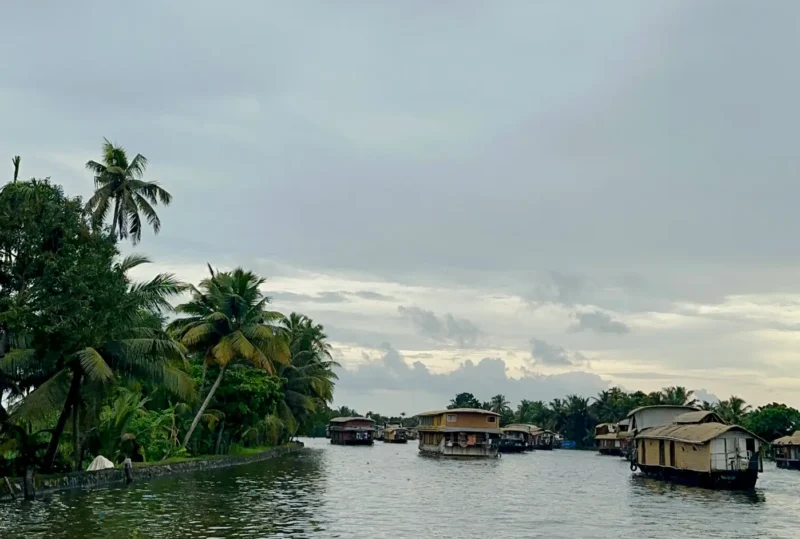 A traditional Kerala houseboat floating on Alleppey backwaters