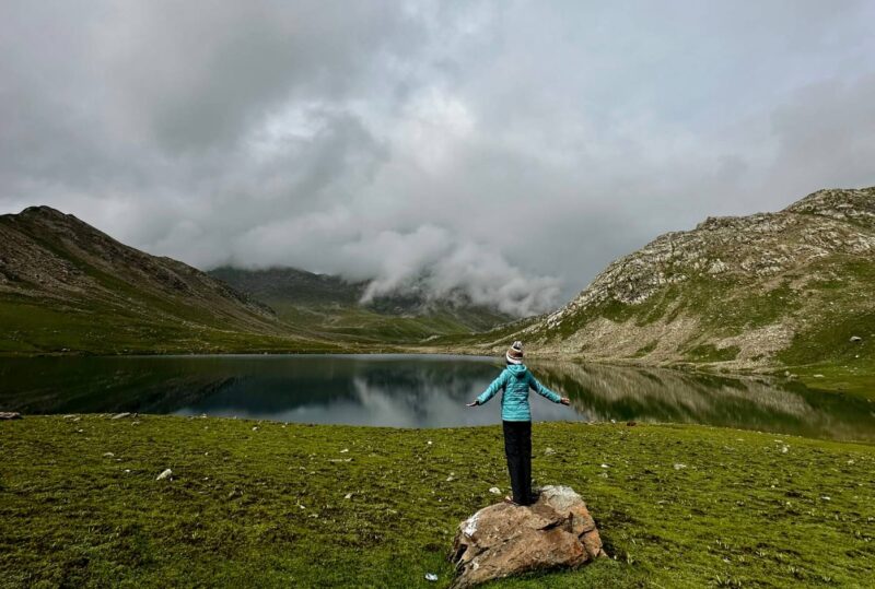 Scenic view of Choharnag Lake with Khelansar Peak in the background during summer trek in Kashmir