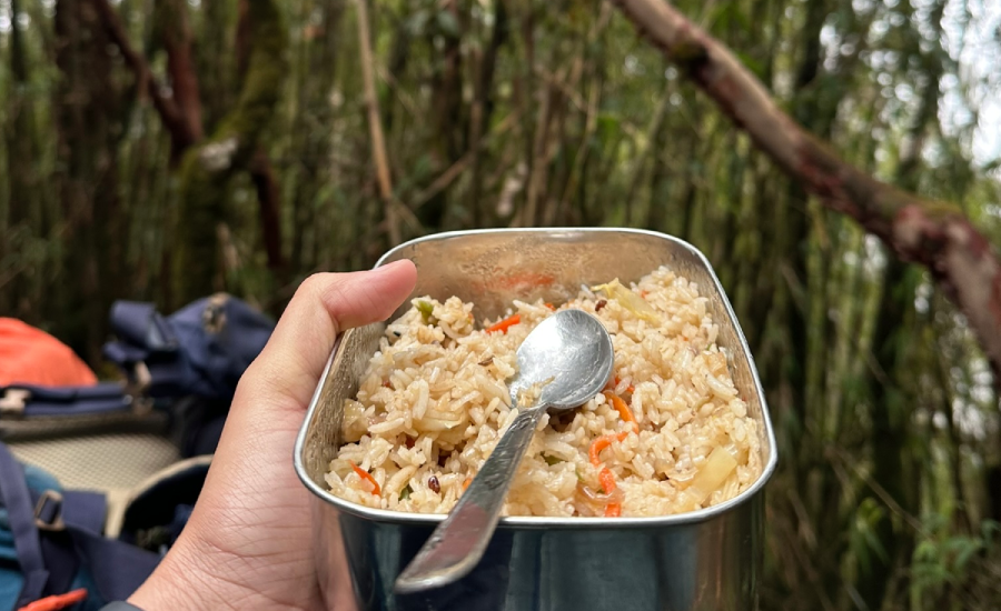 Lunch break during Sandakphu Trek with handmade bamboo spoon